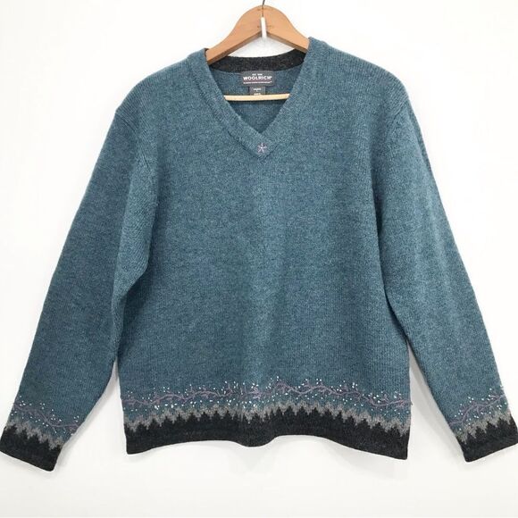 Woolrich Teal Gray 100% Wool Embroidered V Neck Pullover Knit Sweater - Picture 1 of 16